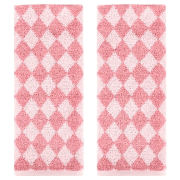 REGALWOVEN Checkered Cotton Hand Towels for Bathroom, Geometry Pattern Soft Absorbent Bath Hand Towel for Home Decor Pink 2-Piece