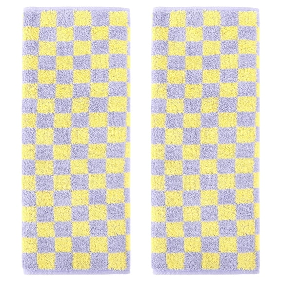 REGALWOVEN Checkered Cotton Hand Towels for Bathroom, Geometry Pattern Soft Absorbent Bath Hand Towel for Home Decor Yellow Purple 2-Piece