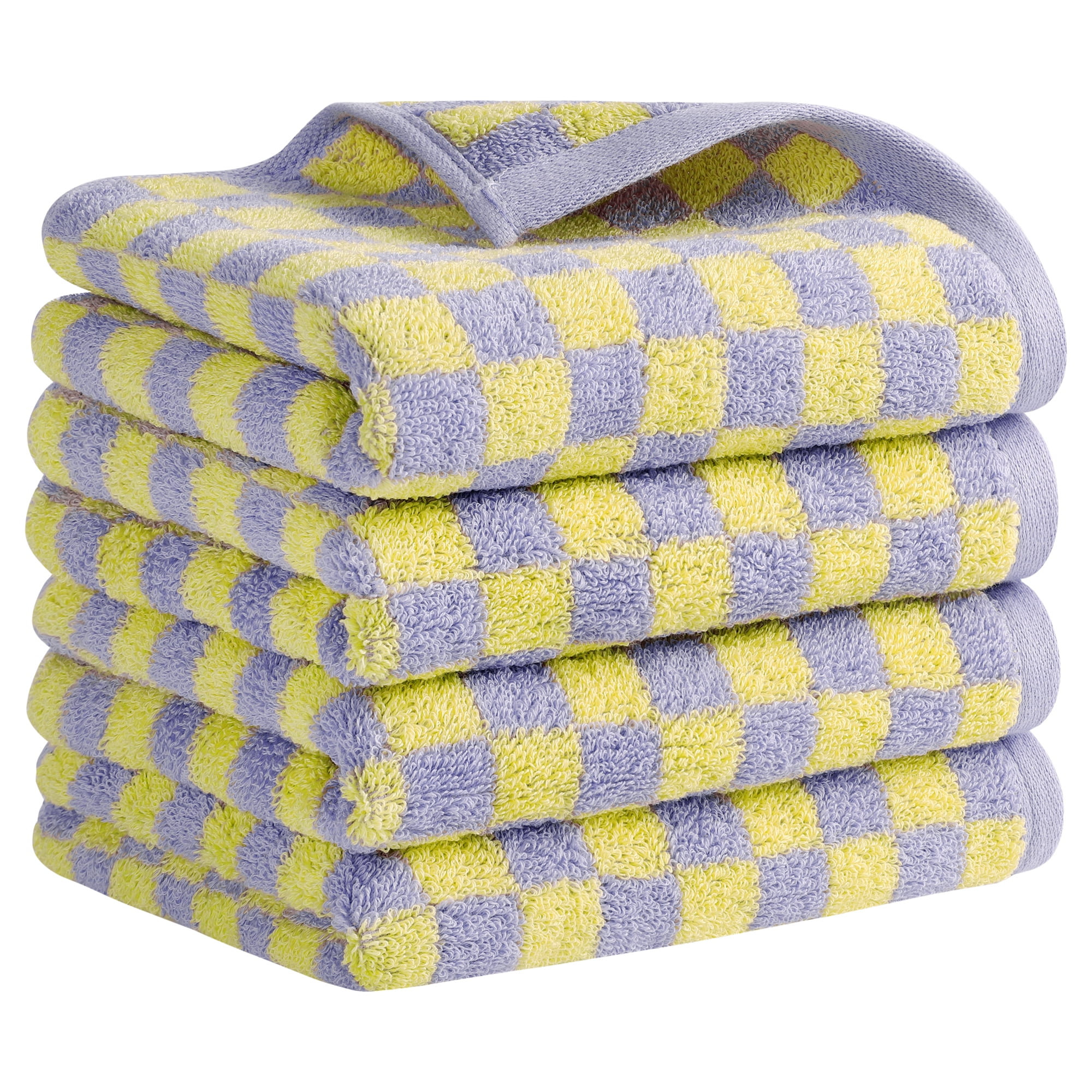 REGALWOVEN Checkered Cotton Hand Towels for Bathroom, Geometry Pattern Soft Absorbent Bath Hand Towel for Home Decor Yellow Purple 4-Piece