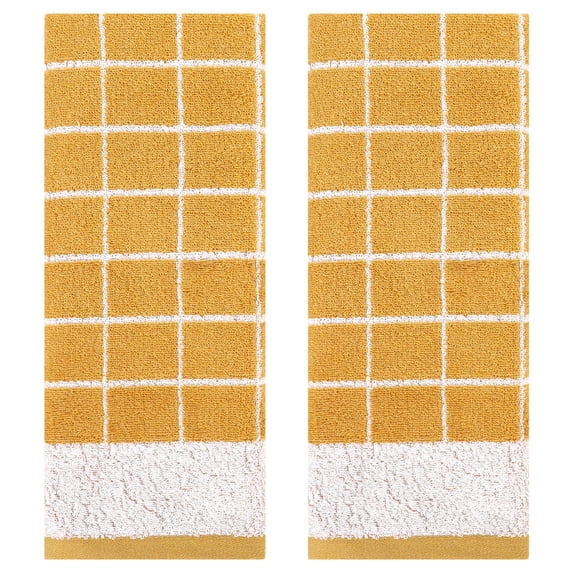 REGALWOVEN Checkered Hand Towels for Bathroom, Soft Pure Cotton Hand Towels, Farmhouse Home Decorative Towels Yellow 2-Piece