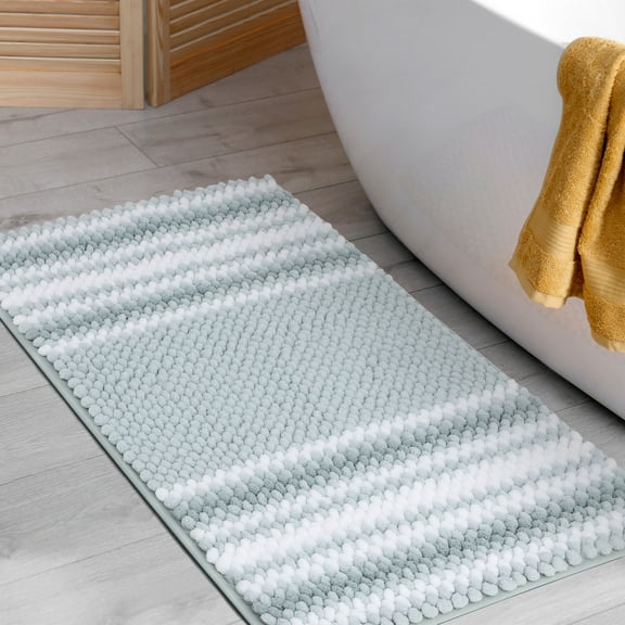 REGALWOVEN Chenille Bathroom Rug Extra Soft Fluffy, Striped Bath Mat Shaggy Rugs Super Absorbent Area Rugs Light Cyan 20"x32"