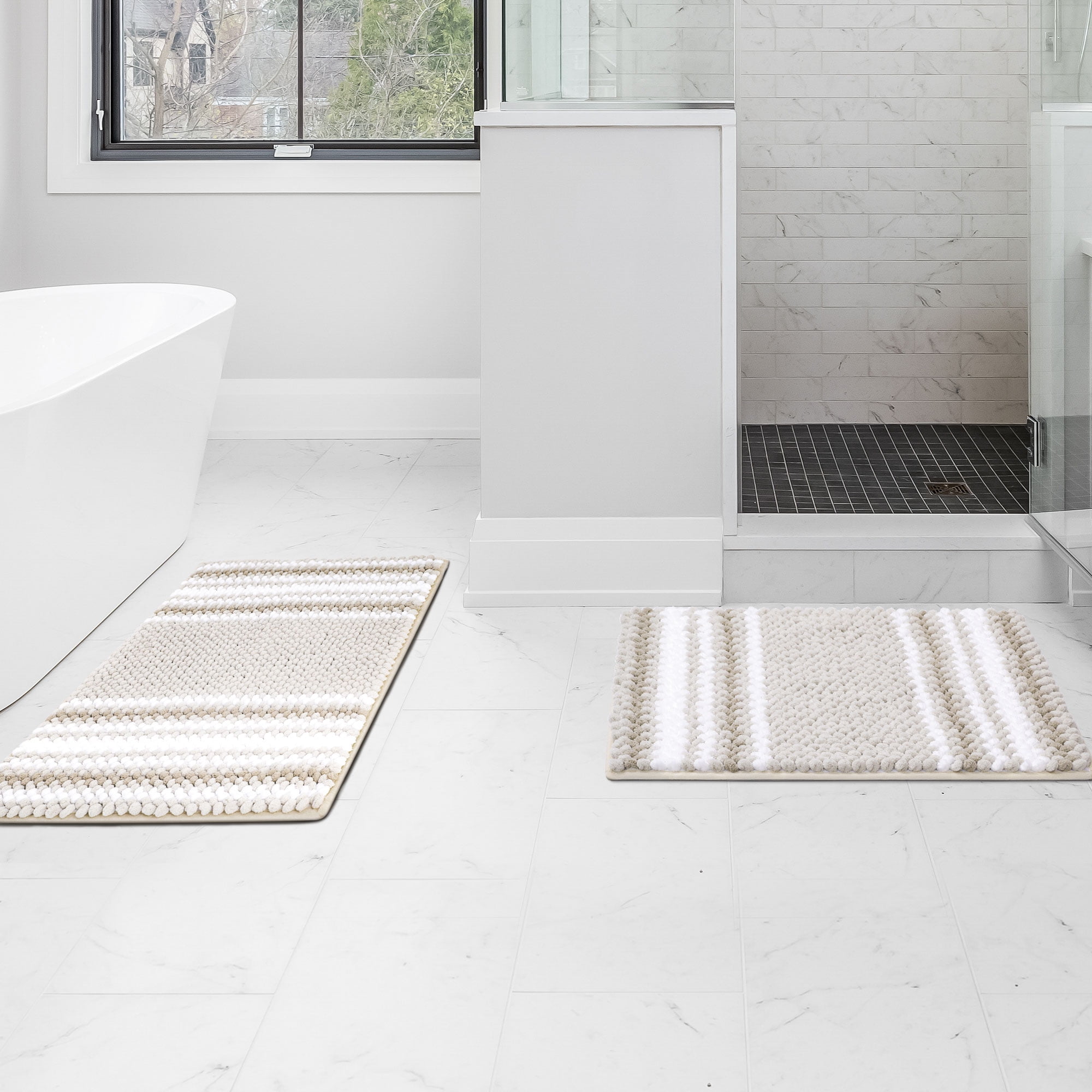 REGALWOVEN Chenille Bathroom Rug Set of 2 Extra Soft Fluffy, Striped Bath Mat Shaggy Rugs Absorbent Bone 17x24" & 20x32"