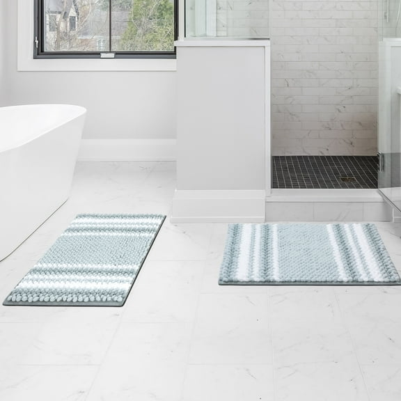 REGALWOVEN Chenille Bathroom Rug Set of 2 Extra Soft Fluffy, Striped Bath Mat Shaggy Rugs Absorbent Light Cyan 17"x24"