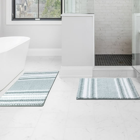 REGALWOVEN Chenille Bathroom Rug Set of 2 Extra Soft Fluffy, Striped Bath Mat Shaggy Rugs Absorbent Light Cyan 17x24" & 20x32"