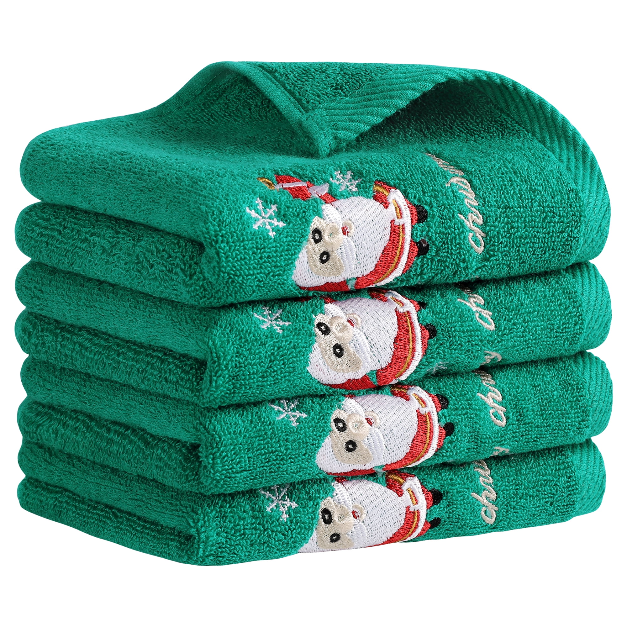 REGALWOVEN Christmas Cotton Hand Towels, Cute Letter Print Bathroom Decorative Hand Towel Set, Absorbent Soft Towel for Hand Face Green 4-Piece