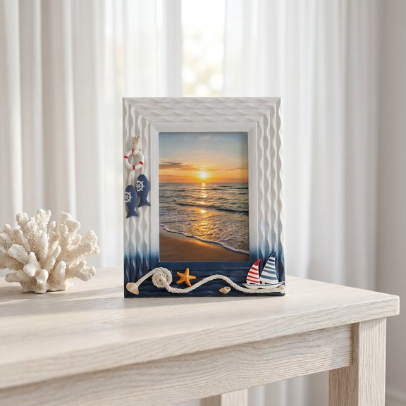 REGALWOVEN Coastal Seashell Picture Frame, Ocean Shell Photo Frame for Tabletop Display, Nautical Beach Decor Horizontal Ocean 4" x 6"