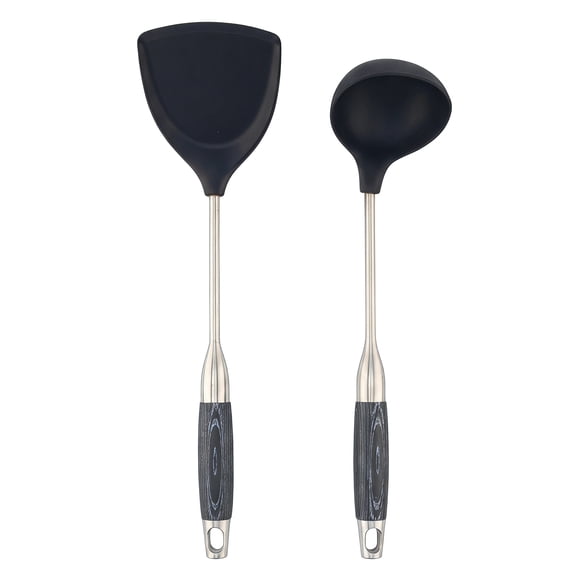 REGALWOVEN Cooking Utensil Set, Stainless Steel Two-tone Square Hole Black Rosewood Kitchen Utensils, Essential Kitchen Gadgets Black-Silver A 2