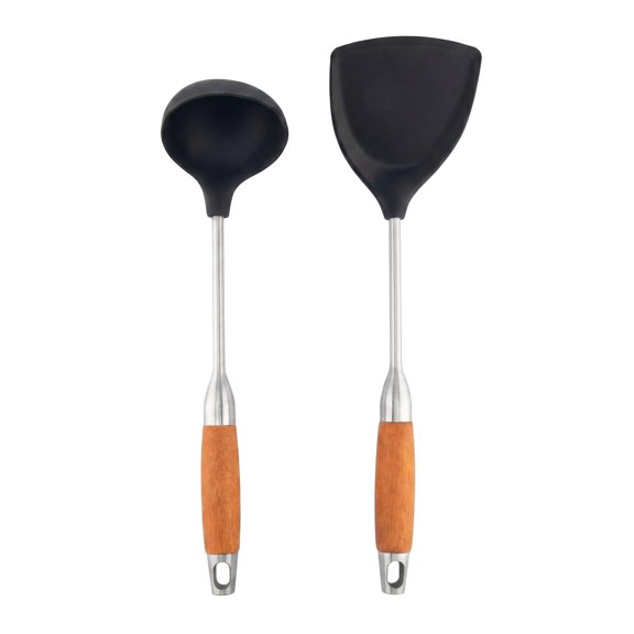 REGALWOVEN Cooking Utensil Set, Stainless Steel Two-tone Square Hole Rosewood Kitchen Utensils, Essential Kitchen Gadgets Black-Brown A 2
