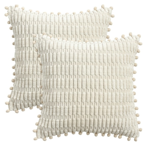REGALWOVEN Corduroy Solid Throw Pillow Covers Set of 2 Plaid Texture Decorative Cushion with Pom-pom Edges Cases for Home Decor Beige 16" x 16"