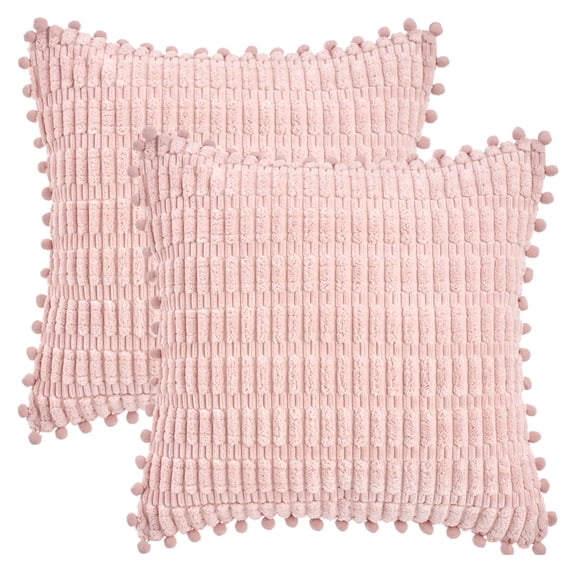 REGALWOVEN Corduroy Solid Throw Pillow Covers Set of 2 Plaid Texture Decorative Cushion with Pom-pom Edges Cases for Home Decor Pink 16" x 16"