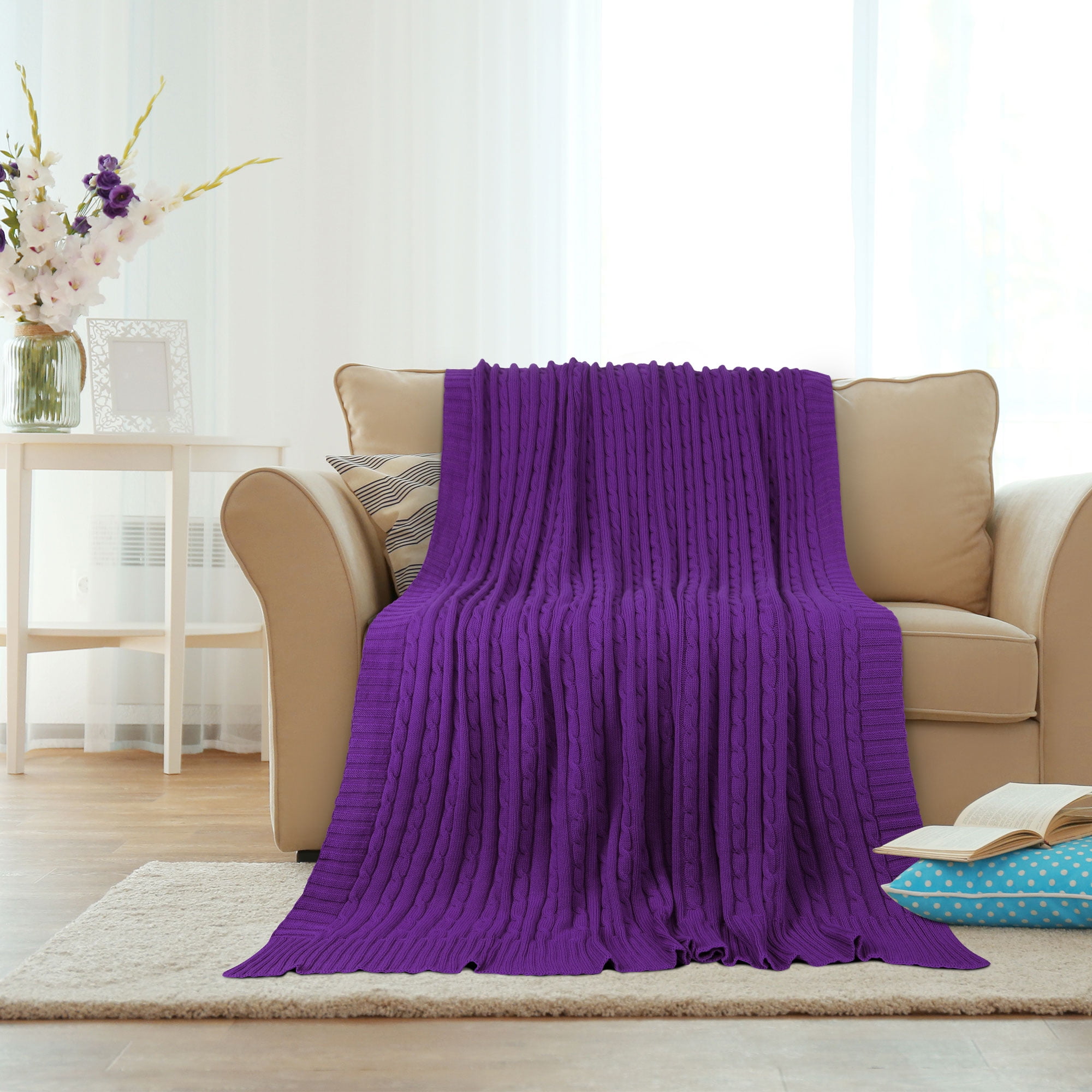 REGALWOVEN Cotton Blanket Decorative Cable Knitted Throw Knit Blankets, 47"x70" Purple