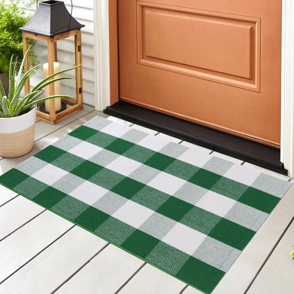 REGALWOVEN Cotton Carpet Checkered Plaid Doormat Rugs, Green & White 35.4"x23.6"