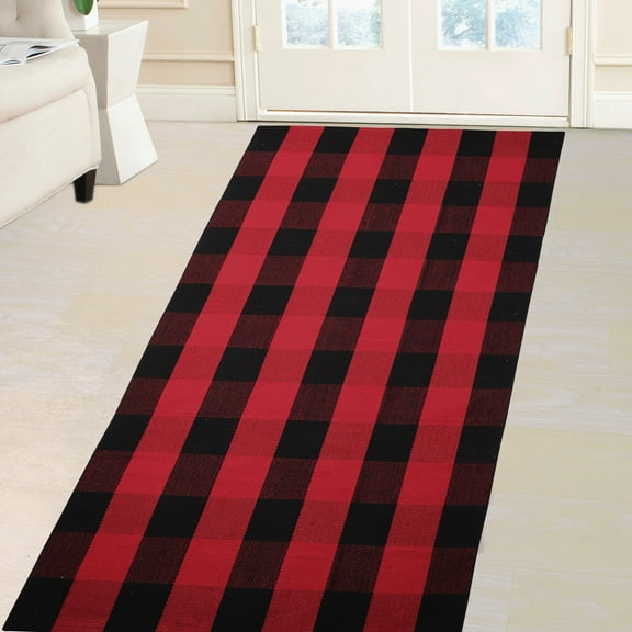 PiccoCasa Cotton Carpet Checkered Plaid Doormat Rugs, Red & Black 59"x35.4"