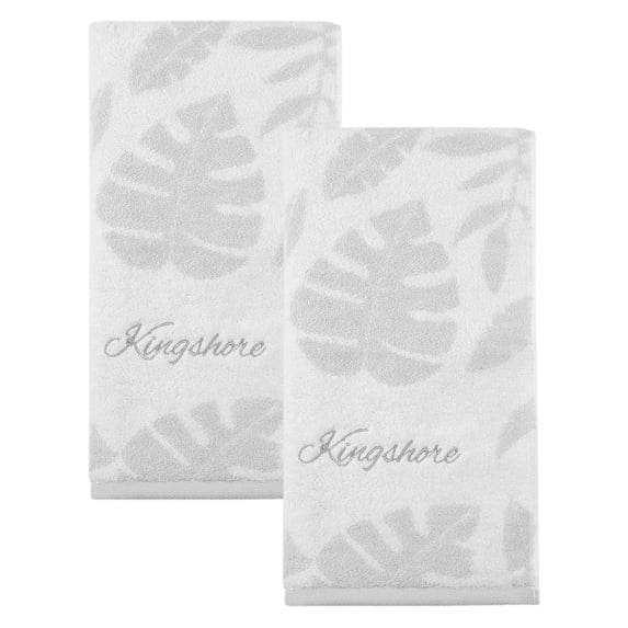 REGALWOVEN Cotton Hand Towel 13 x 28 Inches, Leaf Jacquard Soft Absorbent Bathroom Hand Towel, Decorative Towel for Home, Hotel, Bath Grey 2pk