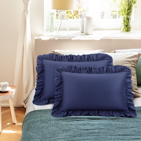 REGALWOVEN Cotton Ruffled Pillowcases Set of 2, Soft Breathable Pillow Covers with Envelope Closure Navy Blue Queen