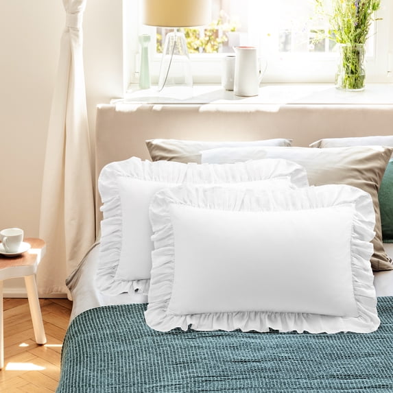 REGALWOVEN Cotton Ruffled Pillowcases Set of 2, Soft Breathable Pillow Covers with Envelope Closure White Queen