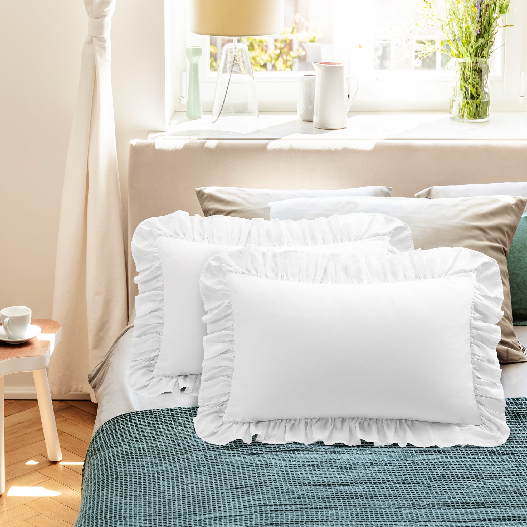 REGALWOVEN Cotton Ruffled Pillowcases Set of 2, Soft Breathable Pillow Covers with Envelope Closure White Standard