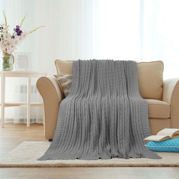 REGALWOVEN Cotton Throw Blanket Cable Knit Decorative Blanket, Light Grey 47"x70"