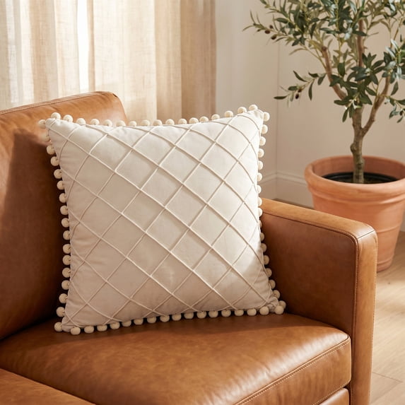 REGALWOVEN Couch Pillow Cases 1 Pack Soft Pom-poms Velvet Throw Pillow Covers for Farmhouse Home Decor Beige 18" x 18"