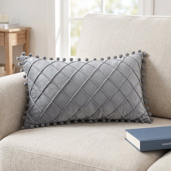 REGALWOVEN Couch Pillow Cases 1 Pack Soft Pom-poms Velvet Throw Pillow Covers for Farmhouse Home Decor Grey 18" x 18"