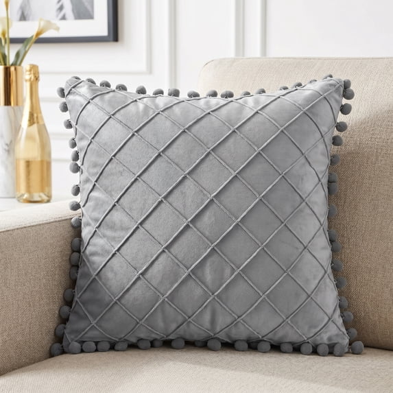 REGALWOVEN Couch Pillow Cases 1 Pack Soft Pom-poms Velvet Throw Pillow Covers for Farmhouse Home Decor Grey 18" x 18"