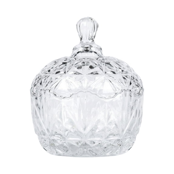 REGALWOVEN Crystal Glass Candy Dish with Lid, 8.5oz/250ml Embossed Decorative Box, for Vanity, Office, Home Decor Clear 4.1" x 4.1" x 5.5"
