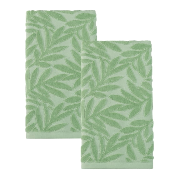 REGALWOVEN Decorative Embossed Leaf Hand Towels, Pure Cotton, Ultra Soft & Absorbent 28 x 16 Inch Bathroom Towel Set for Spa, Gym, Guest Room Green 2pk