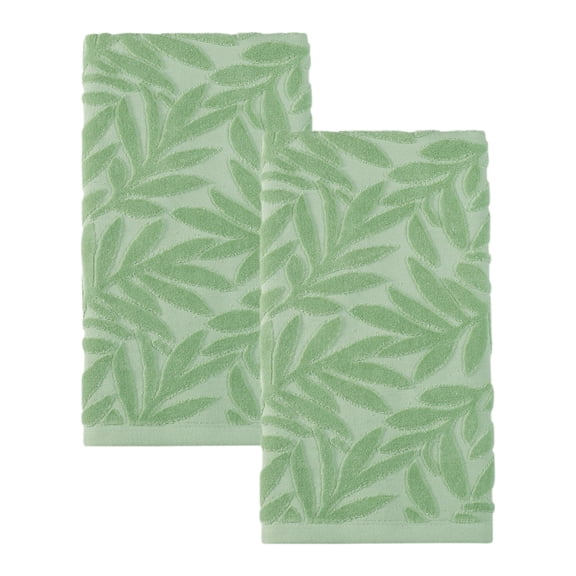 REGALWOVEN Decorative Embossed Leaf Hand Towels, Pure Cotton, Ultra Soft & Absorbent 28 x 16 Inch Bathroom Towel Set for Spa, Gym, Guest Room Green 2pk