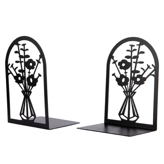 REGALWOVEN Decorative Floral Metal Bookends, Flower Design Book Ends for Shelves, Non-Skid Book Stopper for Home & Office, 2Pcs Black Style B 4.7"L x 3.5"W x 7"H