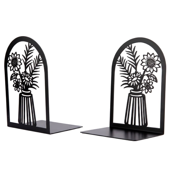 REGALWOVEN Decorative Floral Metal Bookends, Flower Design Book Ends for Shelves, Non-Skid Book Stopper for Home & Office, 2Pcs Black Style C 4.7"L x 3.5"W x 7"H