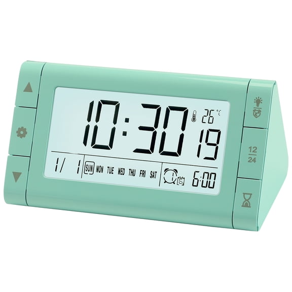 REGALWOVEN Digital Alarm Clock Large LED Display, Three Alarms, Batteries Powered for Bedroom/Dorm Green 4.9"L x 3.0"W x 2.6"H