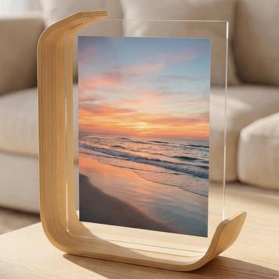 REGALWOVEN Double Sided Picture Frame, Acrylic Photo Frame with MDF Wood Base,Tabletop Display,Room Decor Natural Wood Color 4" x 6"