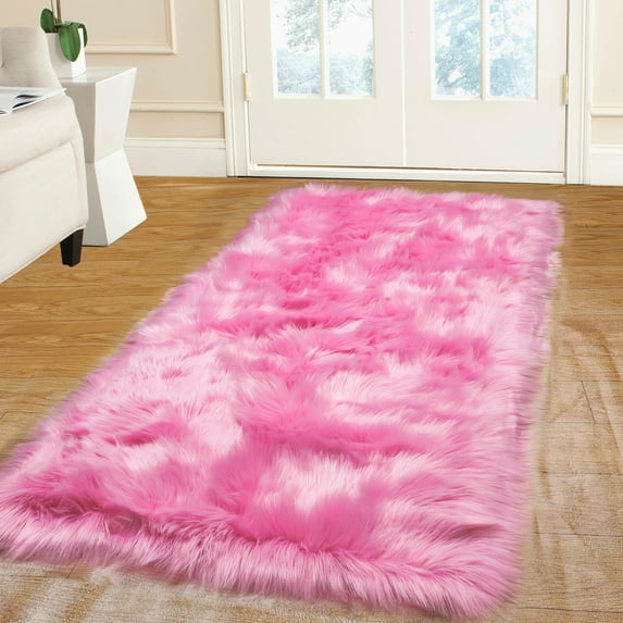 REGALWOVEN Faux Fur Area Rug Shaggy Floor Mat, Rose Red 2x5 Feet Rectangle