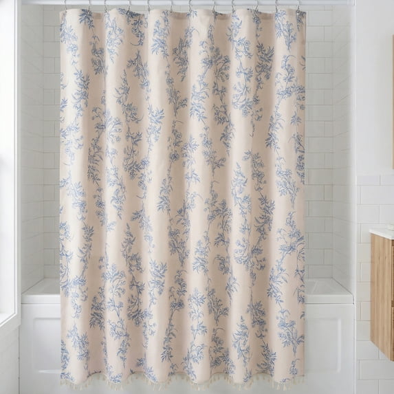 REGALWOVEN Faux Linen Shower Curtain, Leaf Print Bath Shower Curtain Sets with Hooks Blue 71"W x 71"L