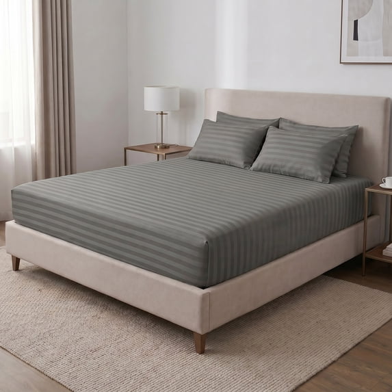 REGALWOVEN Fitted Sheet, Polyester Stripes Bed Sheets, Breathable and Comfortable Bedding for All Seasons Dark Grey 1 PC 53.9x74.8 inch