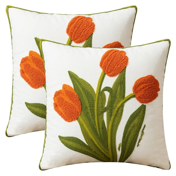 REGALWOVEN Floral Embroidered Decorative Throw Pillow Covers Set of 2, Farmhouse Flower Pattern Flower-2 18" x 18"