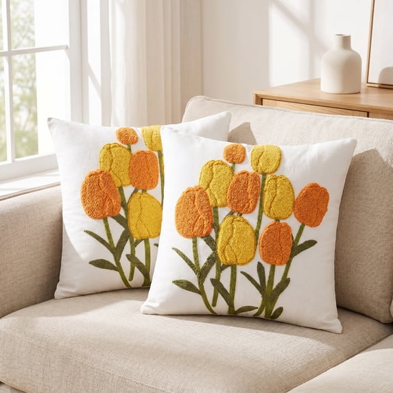 REGALWOVEN Floral Embroidered Decorative Throw Pillow Covers Set of 2, Farmhouse Flower Pattern Flower-3 18" x 18"