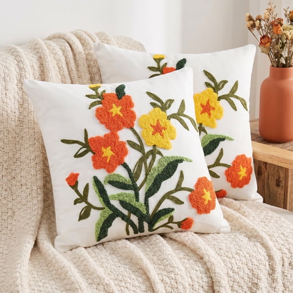 REGALWOVEN Floral Embroidered Decorative Throw Pillow Covers Set of 2, Farmhouse Flower Pattern Flower-6 18" x 18"