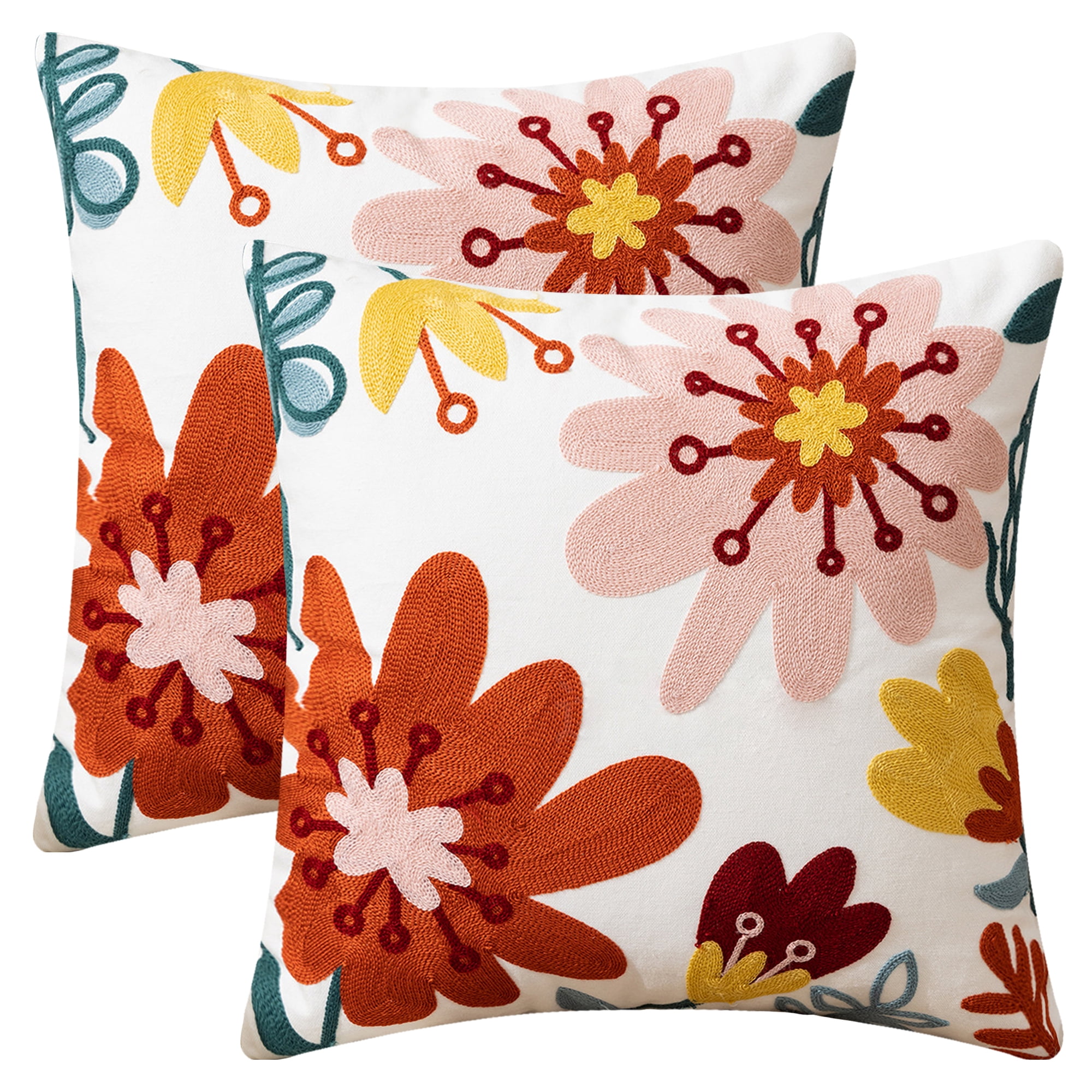 REGALWOVEN Floral Embroidered Decorative Throw Pillow Covers Set of 2, Farmhouse Flower Pattern Flower-7 18" x 18"