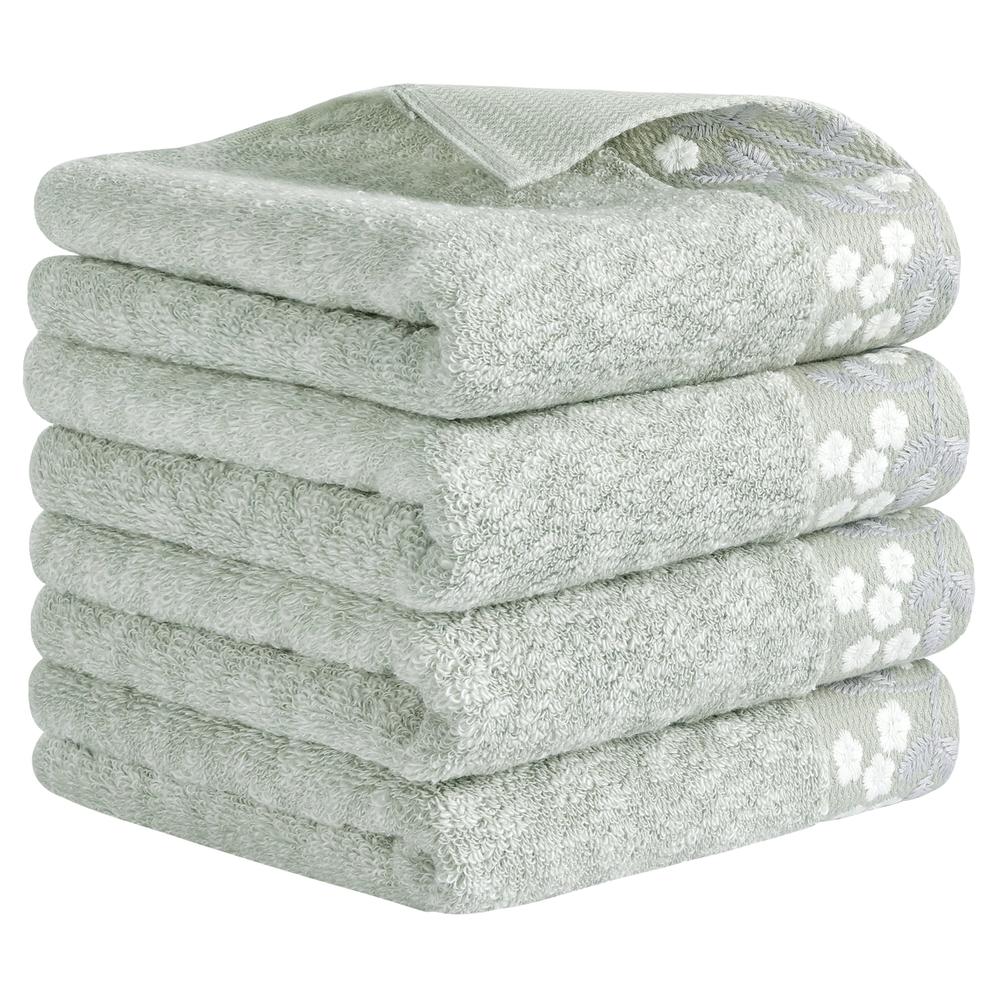 REGALWOVEN Floral Embroidered Hand Towels, Pure Cotton Soft Absorbent Towel Set for Bath, Kitchen, Spa, Gym, Home Decor Green 4-Piece