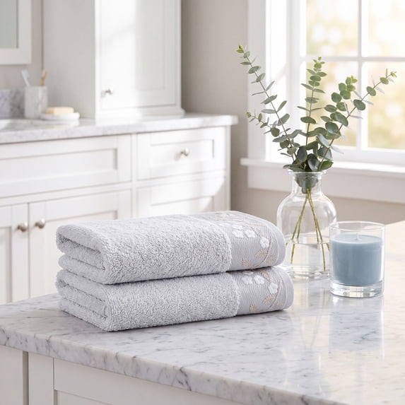 REGALWOVEN Floral Embroidered Hand Towels, Pure Cotton Soft Absorbent Towel Set for Bath, Kitchen, Spa, Gym, Home Decor Grey 4-Piece