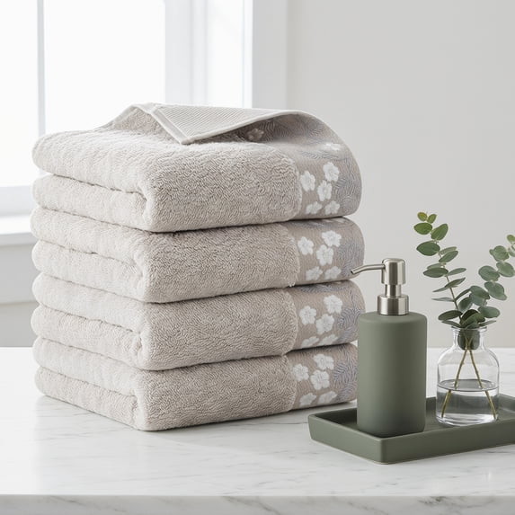 REGALWOVEN Floral Embroidered Hand Towels, Pure Cotton Soft Absorbent Towel Set for Bath, Kitchen, Spa, Gym, Home Decor Light Brown 2-Piece