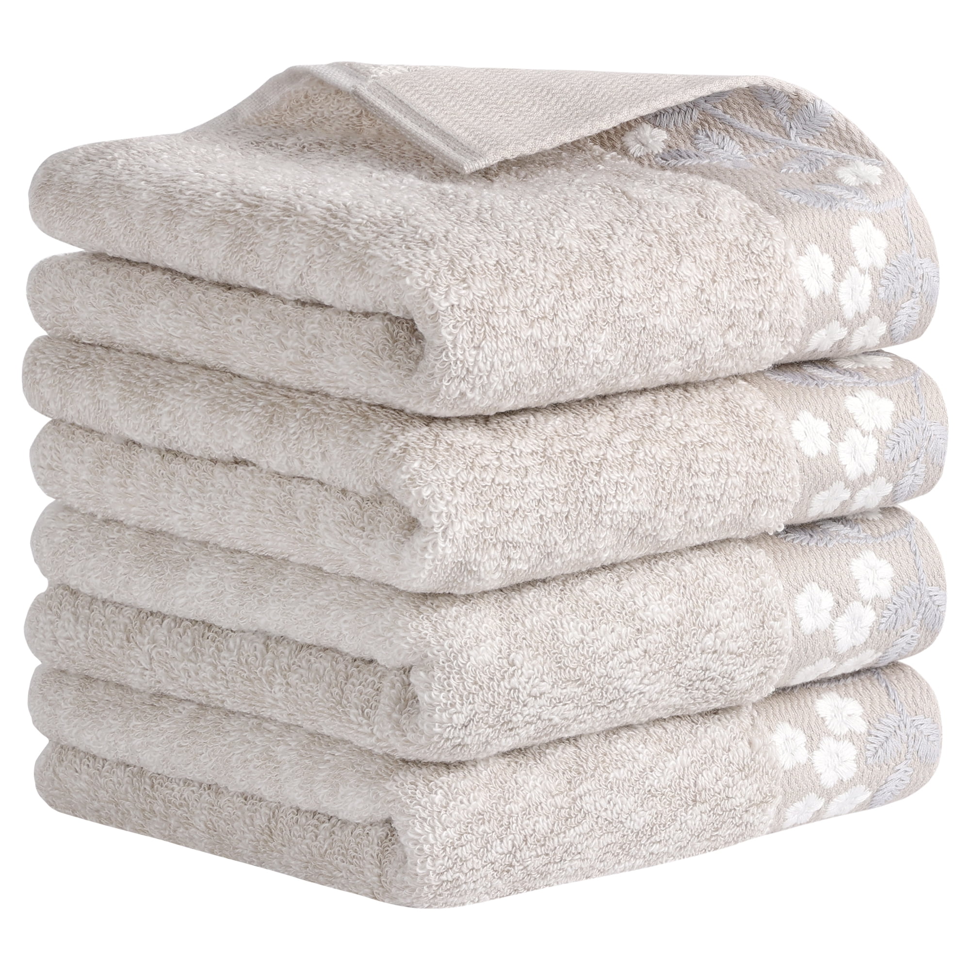 REGALWOVEN Floral Embroidered Hand Towels, Pure Cotton Soft Absorbent Towel Set for Bath, Kitchen, Spa, Gym, Home Decor Light Brown 4-Piece