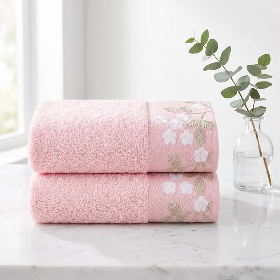 REGALWOVEN Floral Embroidered Hand Towels, Pure Cotton Soft Absorbent Towel Set for Bath, Kitchen, Spa, Gym, Home Decor Pink 2-Piece