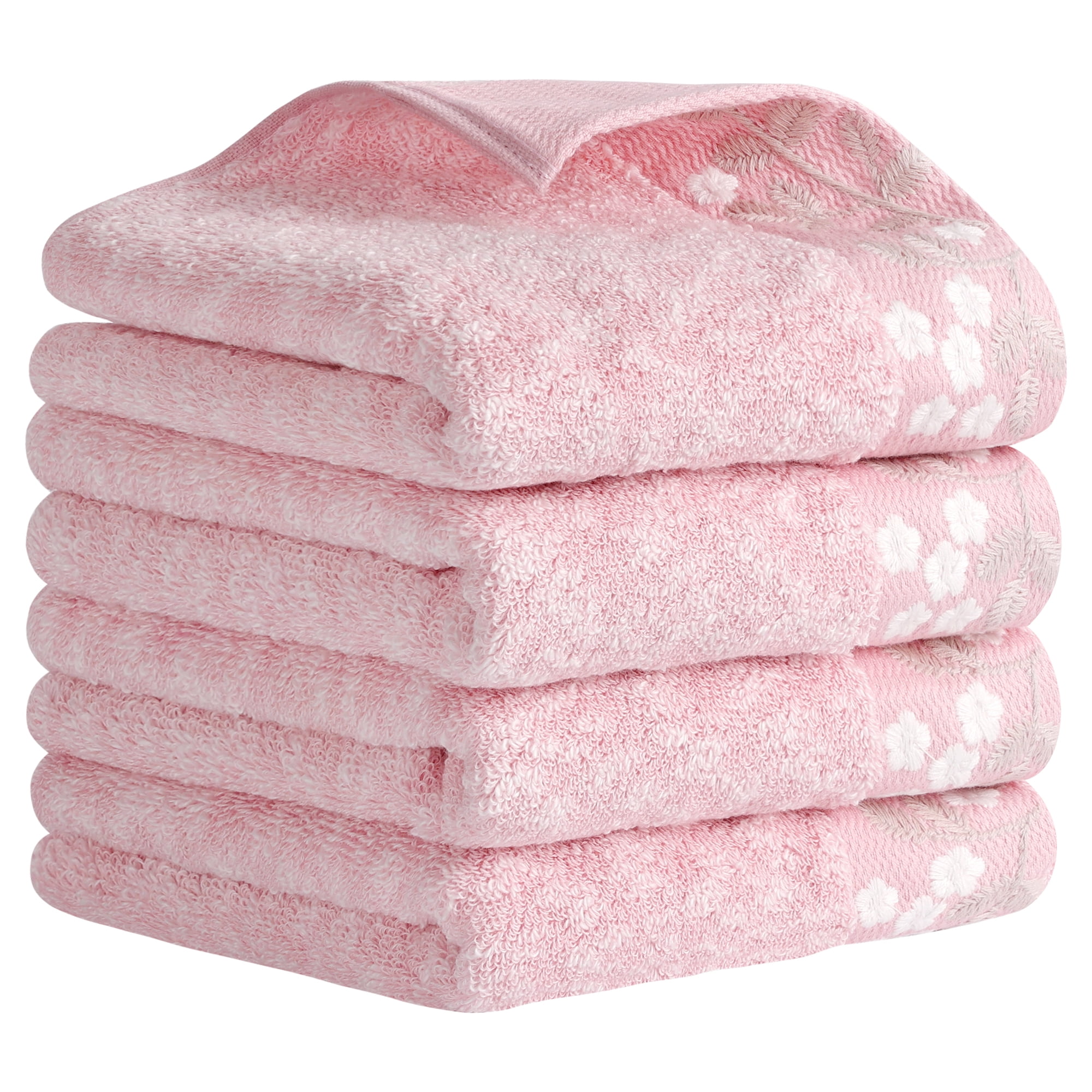 REGALWOVEN Floral Embroidered Hand Towels, Pure Cotton Soft Absorbent Towel Set for Bath, Kitchen, Spa, Gym, Home Decor Pink 4-Piece