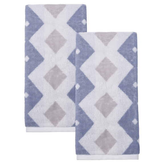 REGALWOVEN Geometric Rhombus Cotton Hand Towel, Soft Color Block Jacquard Hand Towels for Bathroom, Kitchen, Gym, Spa (13 x 28 Inches) Blue 2pk