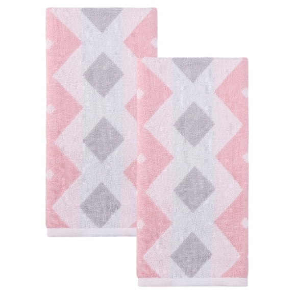 REGALWOVEN Geometric Rhombus Cotton Hand Towel, Soft Color Block Jacquard Hand Towels for Bathroom, Kitchen, Gym, Spa (13 x 28 Inches) Pink 2pk