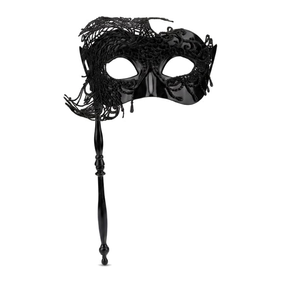 REGALWOVEN Handheld Masquerade Mask with Stick, Molded Venetian Plastic Eye Mask for Halloween Party Black Large Peacock 11.4" x 7.1"