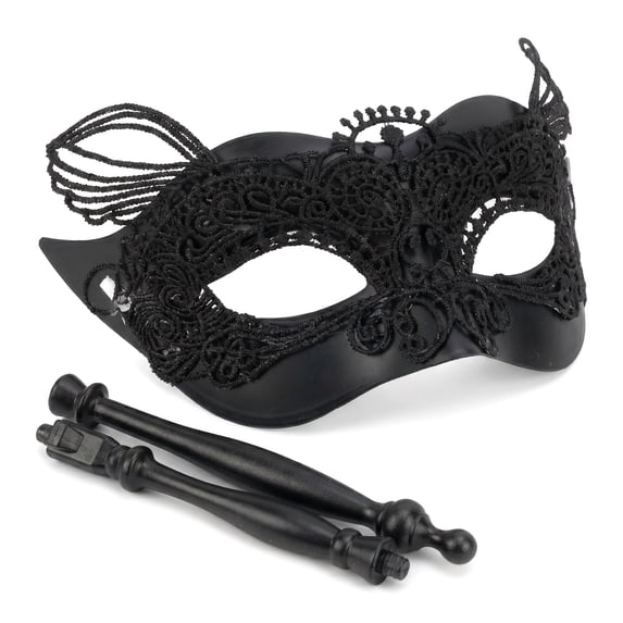REGALWOVEN Handheld Masquerade Mask with Stick, Molded Venetian Plastic Eye Mask for Halloween Party Black Large Six-Petaled 10.6" x 7.1"
