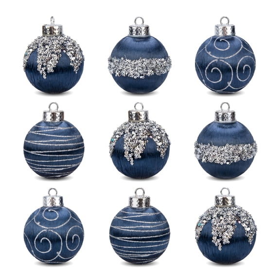 REGALWOVEN Handpainted Christmas 9 Pack Large Sphere Orbs, Shatterproof Foam Lightweight Tree Hanging Ornaments Blue 3.1"